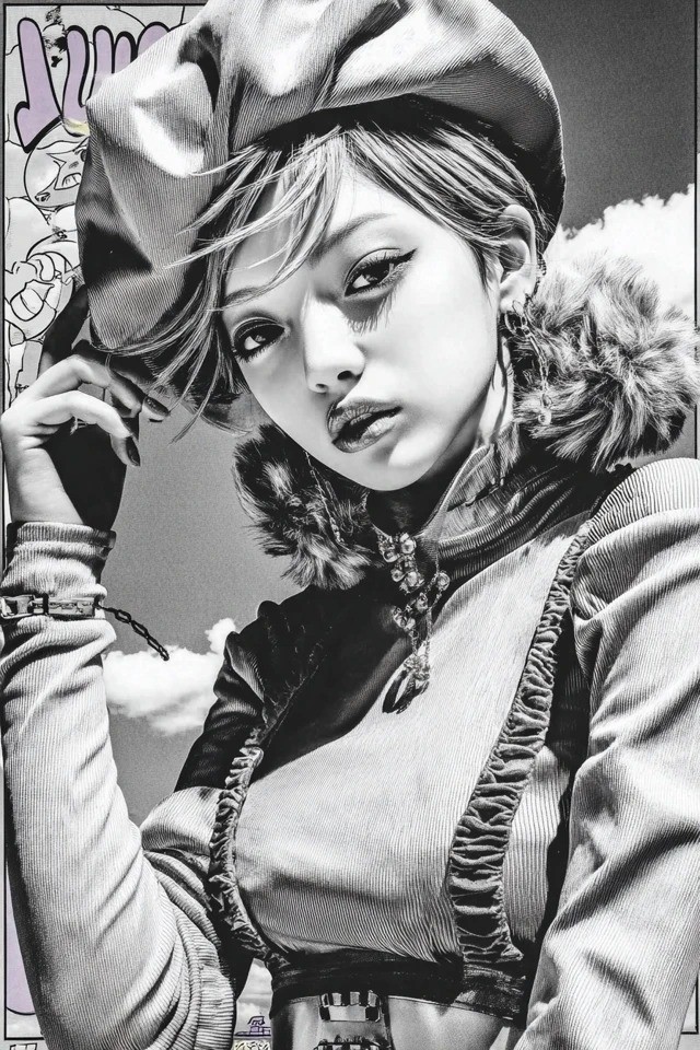 Halftone monochrome à contraste élevé avec un travail de ligne inspiré du manga, idéal pour des éditoriaux de mode et des campagnes de streetwear