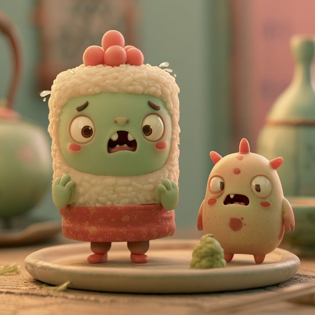 Um personagem de sushi nervoso e fofo e um personagem de wasabi em um prato