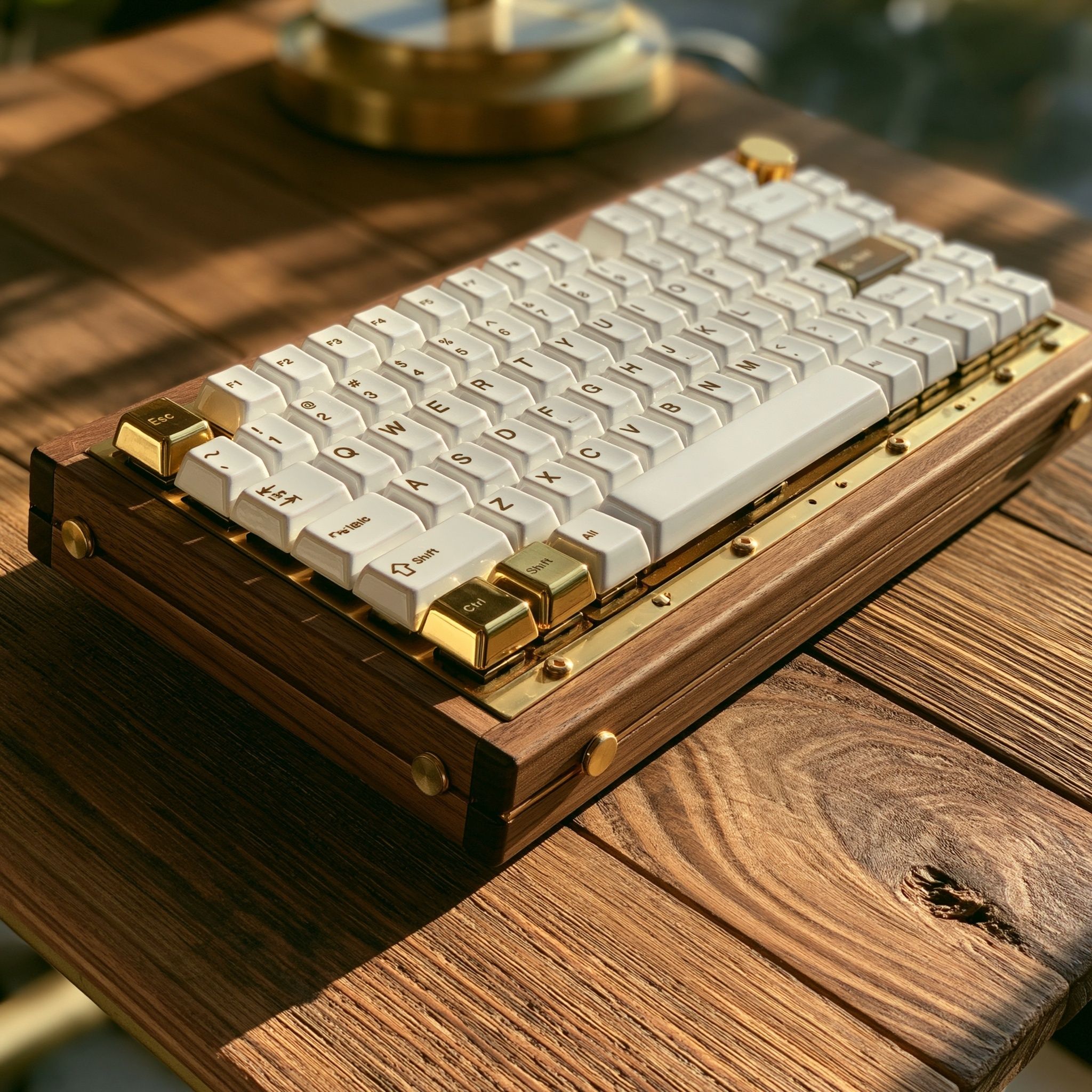 Un clavier mécanique YMD-75% 84 remarquable avec un cadre en noyer et une plaque en laiton