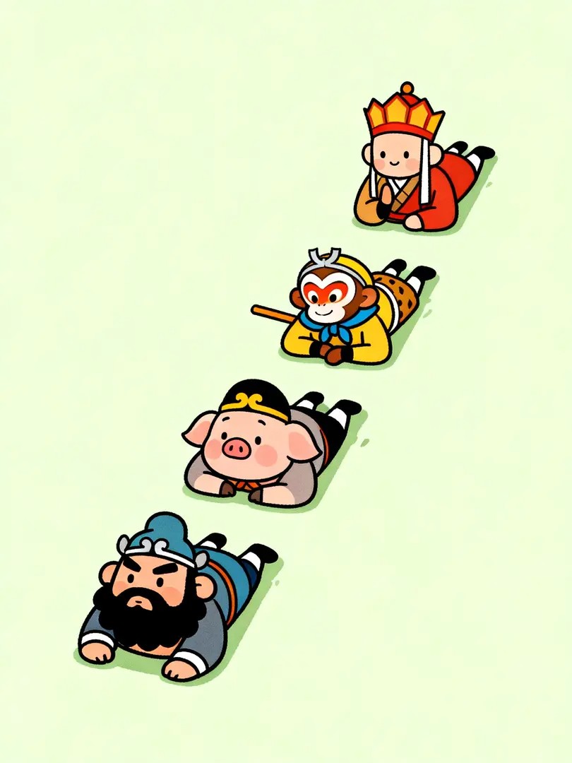 Cartoon-style wallpaper features classic characters like Tang Seng and Sun Wukong