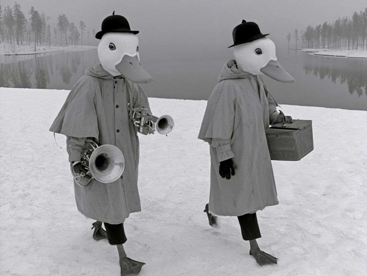 Deux silhouettes en parkas de détective avec des masques de canard blancs sortent d'un lac entouré d'arbres et de brouillard