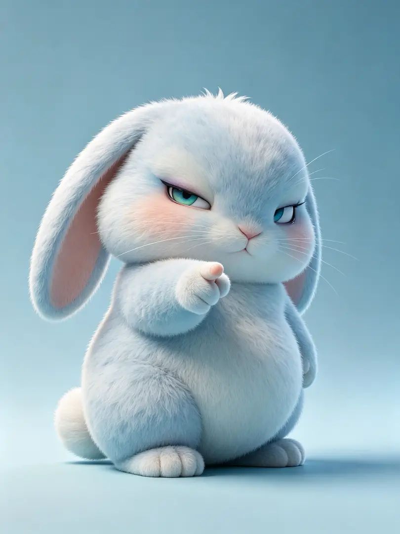 3Dイラストのかわいい幼体ウサギが反抗的で可愛さを兼ね備えたスタイルを表現している