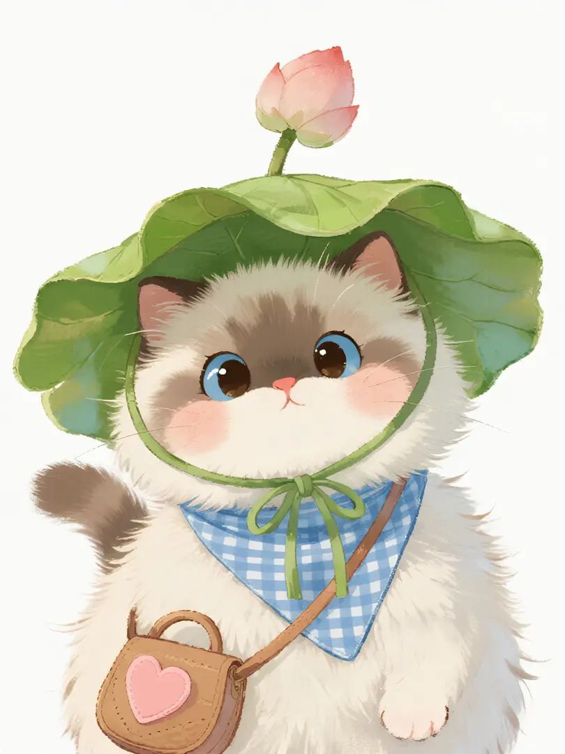 Um gato de pelúcia fofo usando um chapéu de sol e um lenço triangular