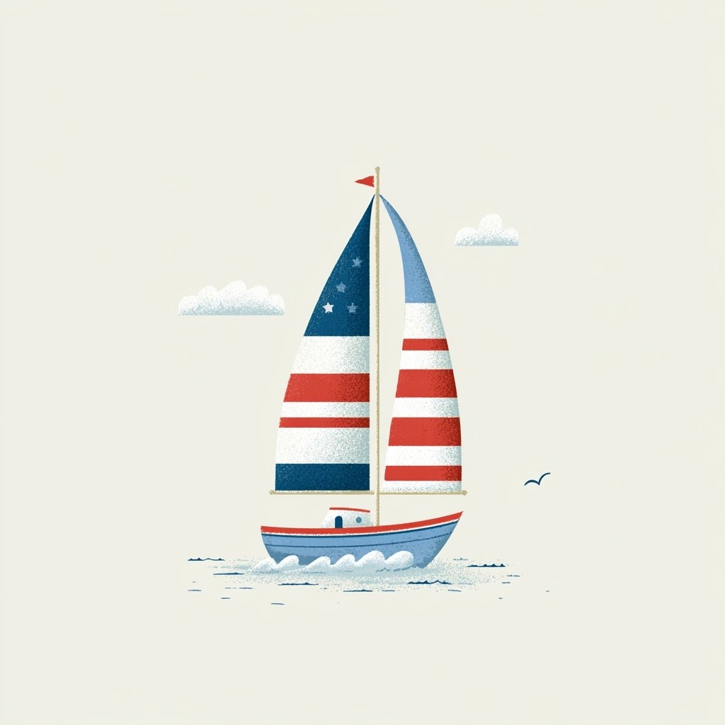 Segelboot im flachen Grafikstil in Rot, Weiß und Blau