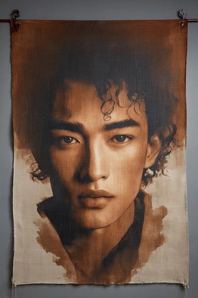 Sepia-toned oil painting on coarse linen showcases vintage charm