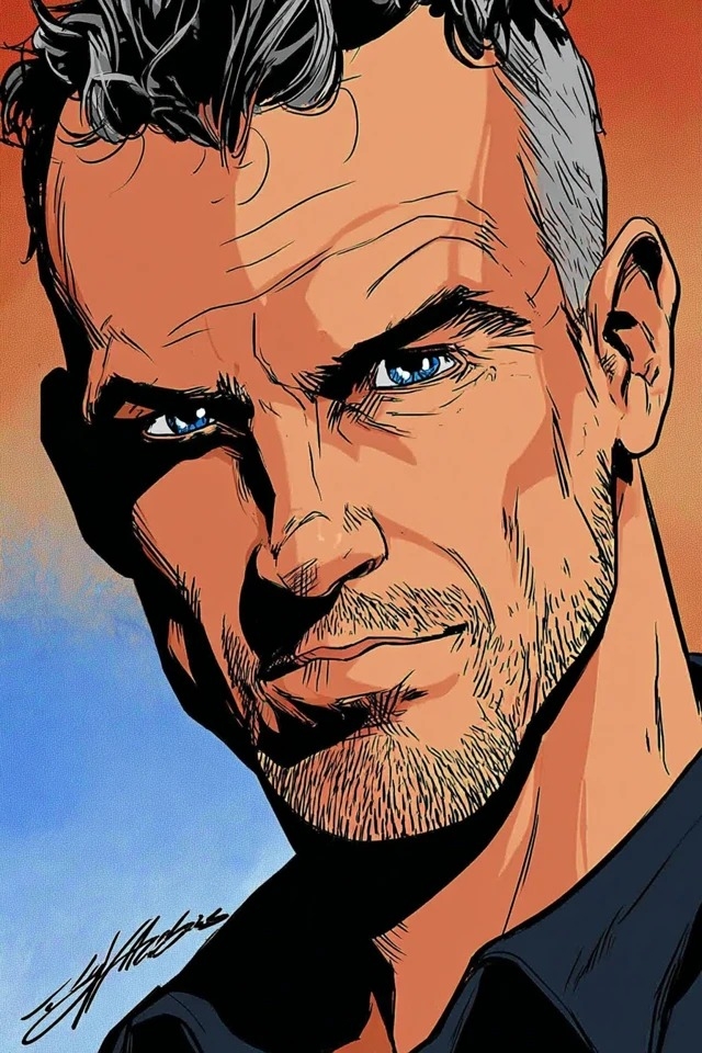 Bold graphic novel style with heavy black outlines and flat color blocks, suitable for comic book covers and action movies