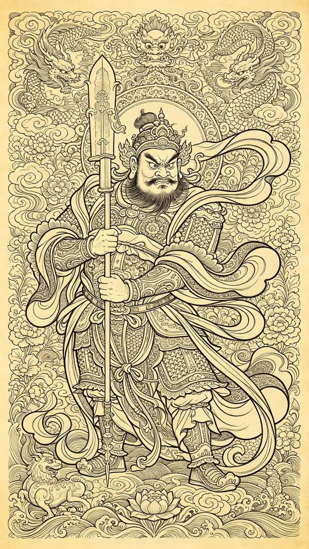 A black and white print shows the Chinese door god with weapons and elaborate clothing