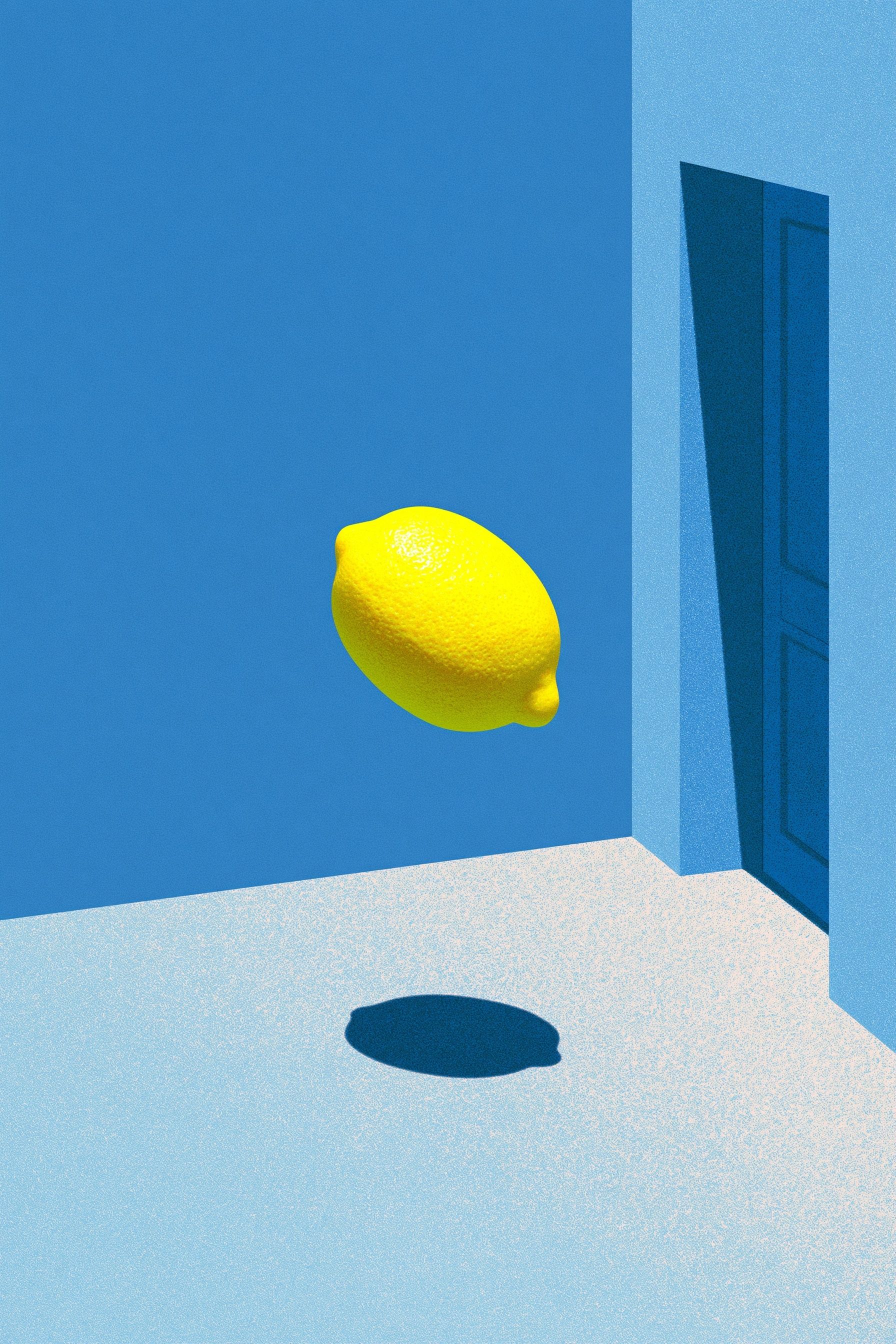 Eine lebendige Illustration einer riesigen gelben Zitrone, die im blauen Himmel schwebt