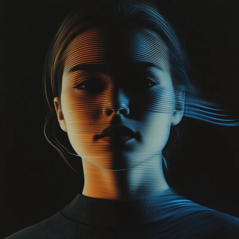 La fusión de tecnología digital y surrealismo crea un efecto de escaneo 3D del rostro femenino