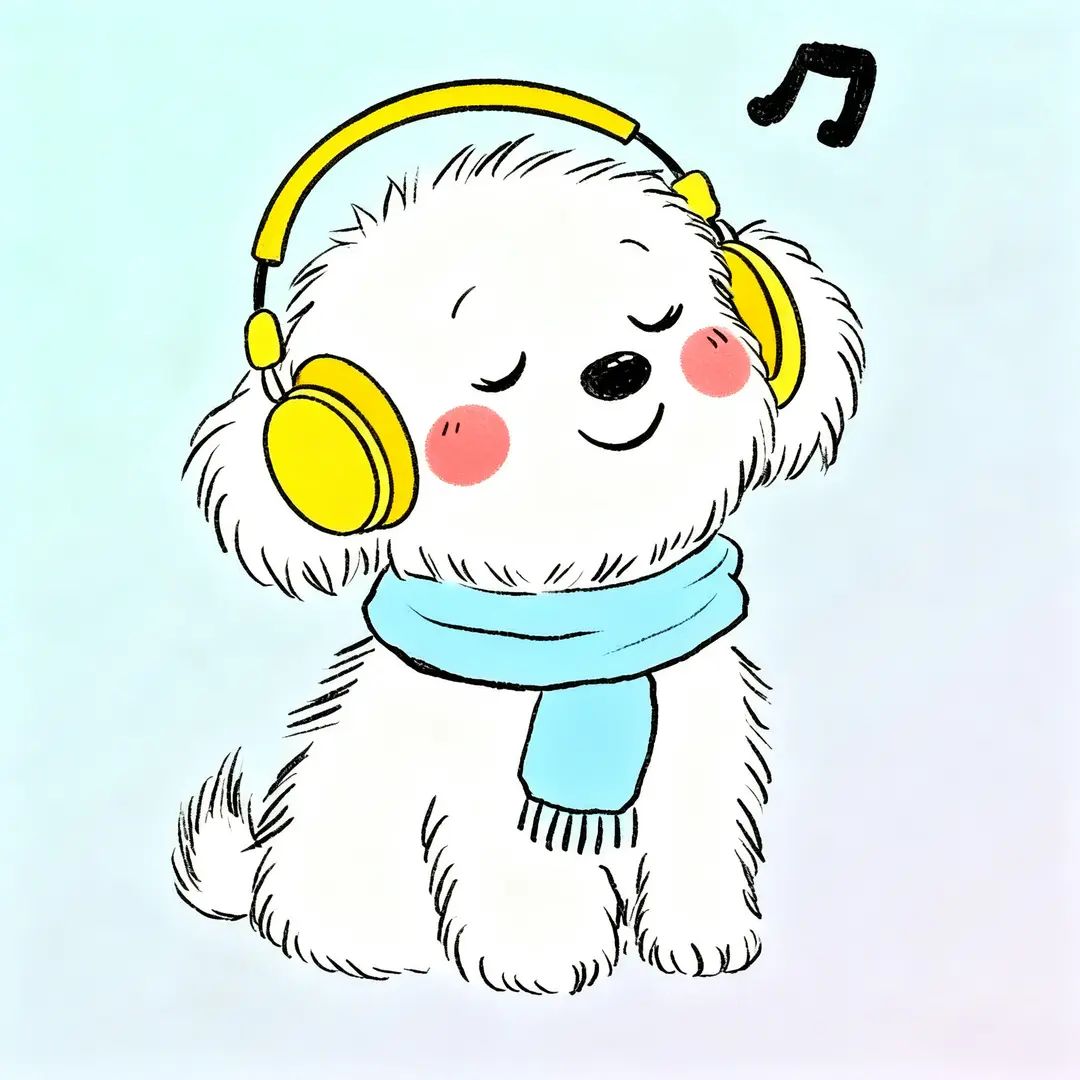 A cute white curly bichon wearing headphones and a scarf