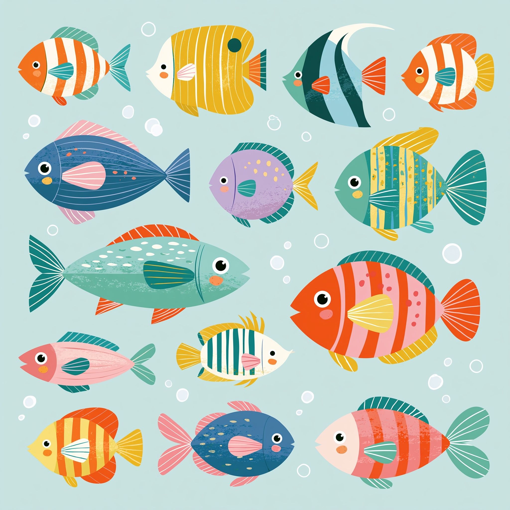 Sommer-Ozean-Clipart-Sammlung mit einfachen flachen Fischillustrationen