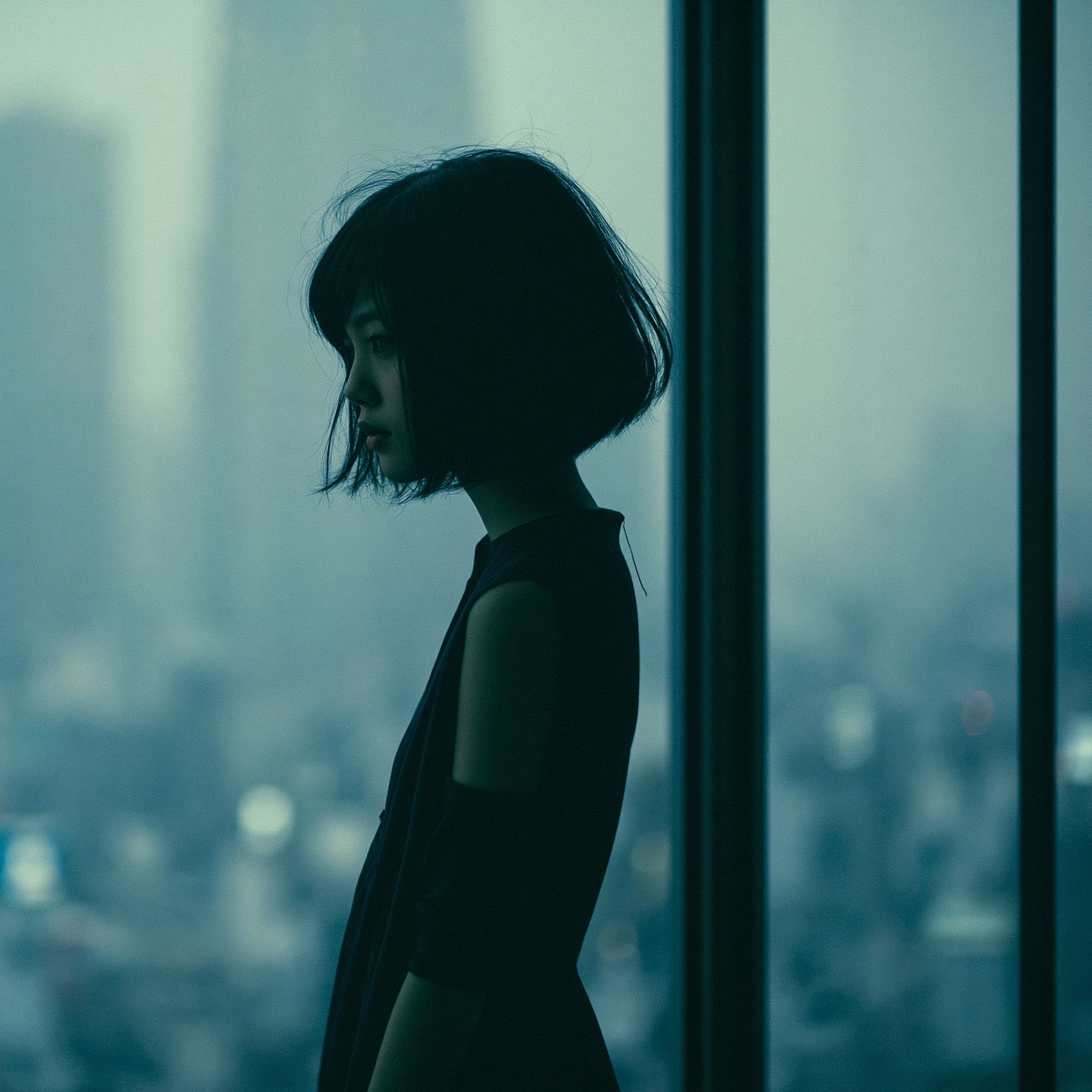 Eine junge Japanerin schaut sehnsüchtig aus dem Fenster eines Tokio-Hochhauses