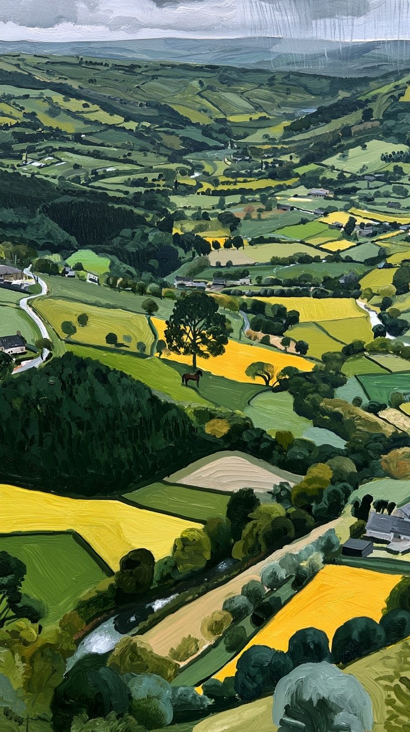 David Hockneys ländliche Landschaft zeigt sanfte grüne Hügel, einen sich schlängelnden Waldweg, verstreute Bauernhäuser, Felder mit leuchtenden Farben, einen hohen Baum mit einem darunterstehenden Pferd und einen kleinen Bach unter einem bewölkten Himmel