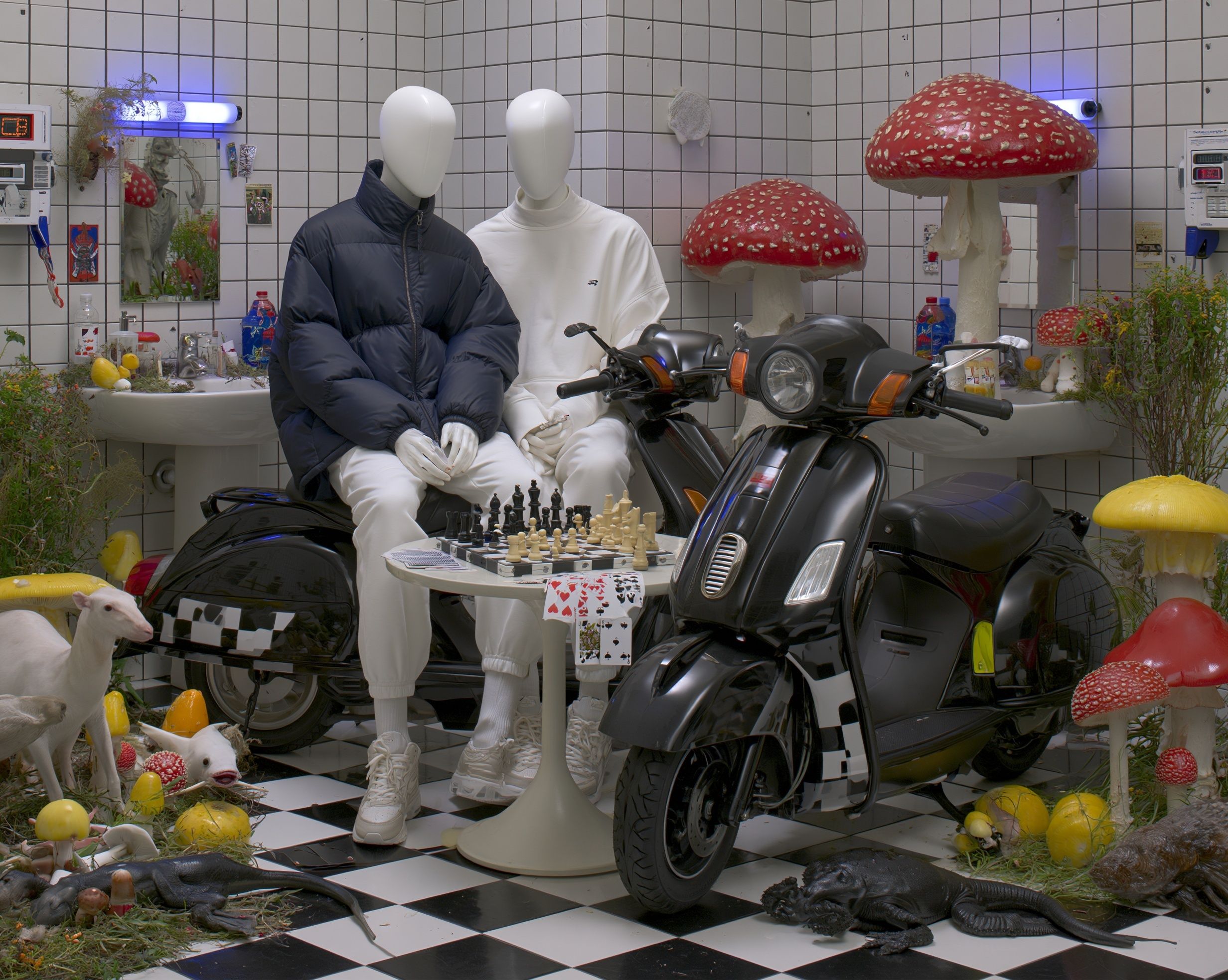 Gesichtslose Schaufensterpuppenliebhaber in Sportbekleidung in einem futuristischen Badezimmer