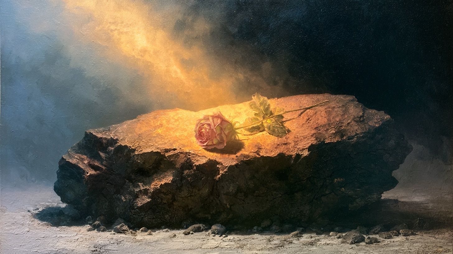 Uma rosa cresce em uma rocha iluminada em uma pintura a óleo do Renascimento do Norte no espaço escuro