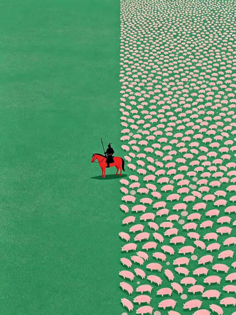Das Kunstwerk zeigt die einzigartige Landschaft der Hulunbuir-Steppe und hebt den Kontrast zwischen den Schweineherden und dem einsamen General hervor