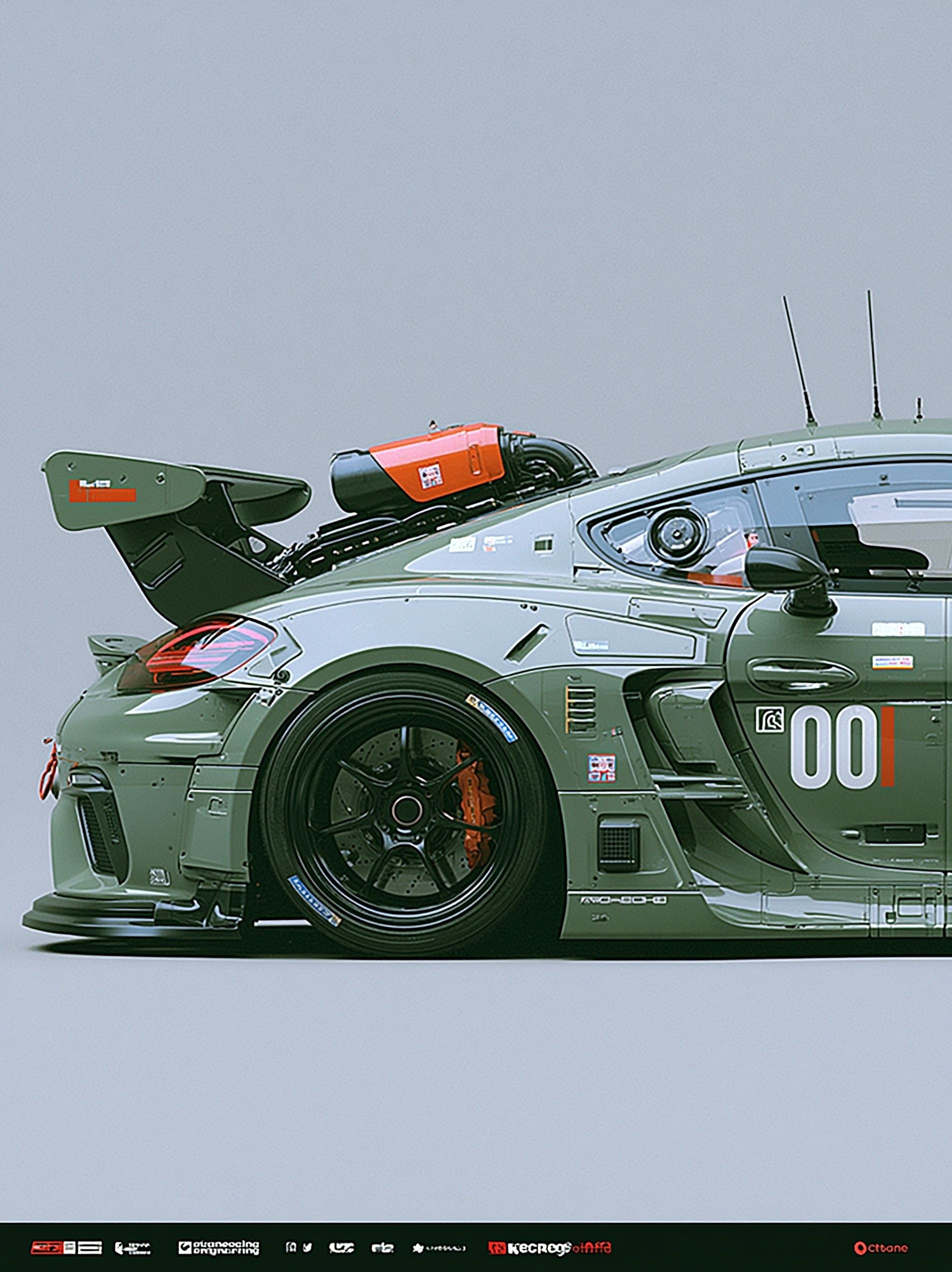 Ein futuristisches olivgrünes Porsche Cayman GT4-Rennfahrzeug zeigt ein minimalistisches und stilvolles Design