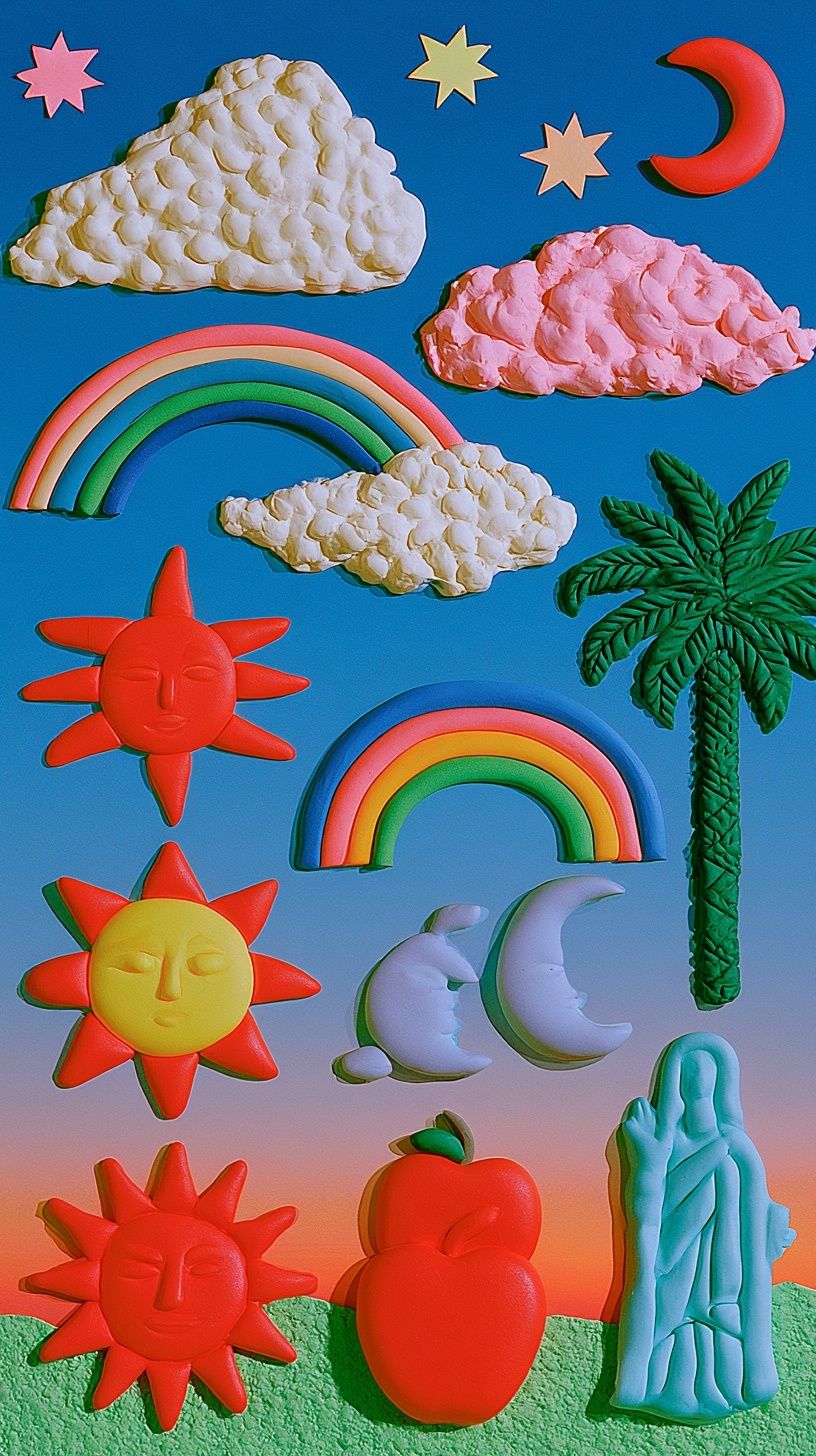 Collage of handmade clay texture and dreamy folk art aesthetic