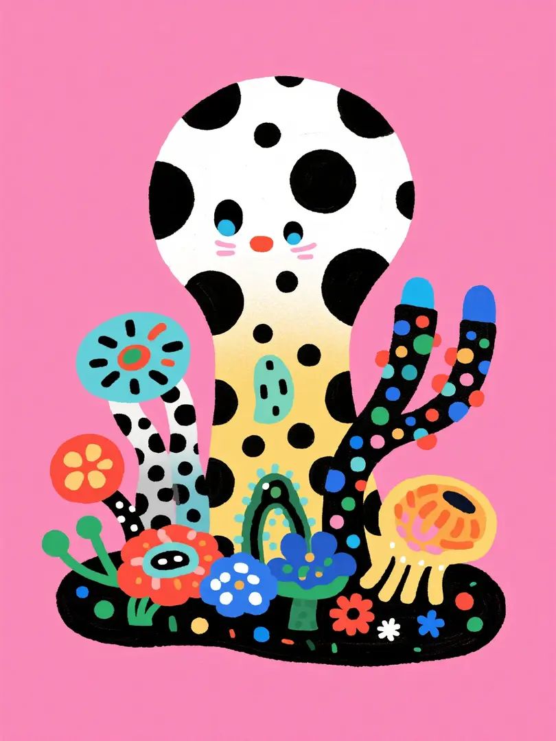 Bold contrasting illustrations of alien plants in Kusama Yayoi style