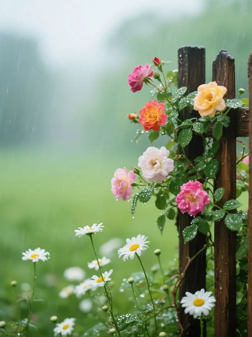 Colorful roses are climbing on a wooden fence