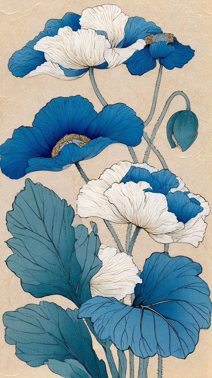 Esta é uma impressão em blocos de madeira ukiyo-e tradicional japonesa com papoulas azuis e brancas e grandes folhas verde-azuladas