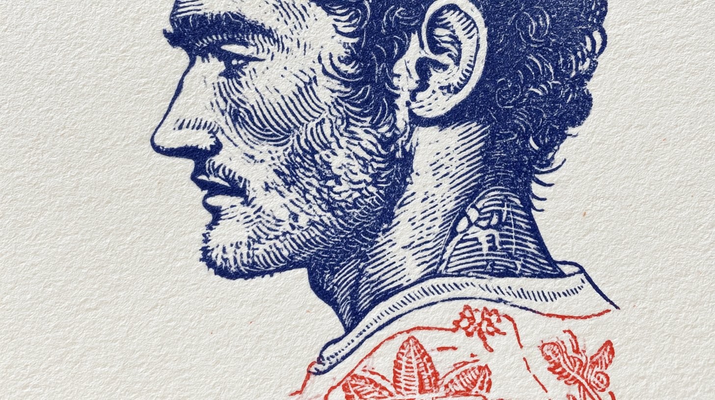 Eine männliche Figur mit römischer Statuen-Energie in Uniform in Marineblau mit einem roten Blumenmuster, das unglaubliche Details zeigt