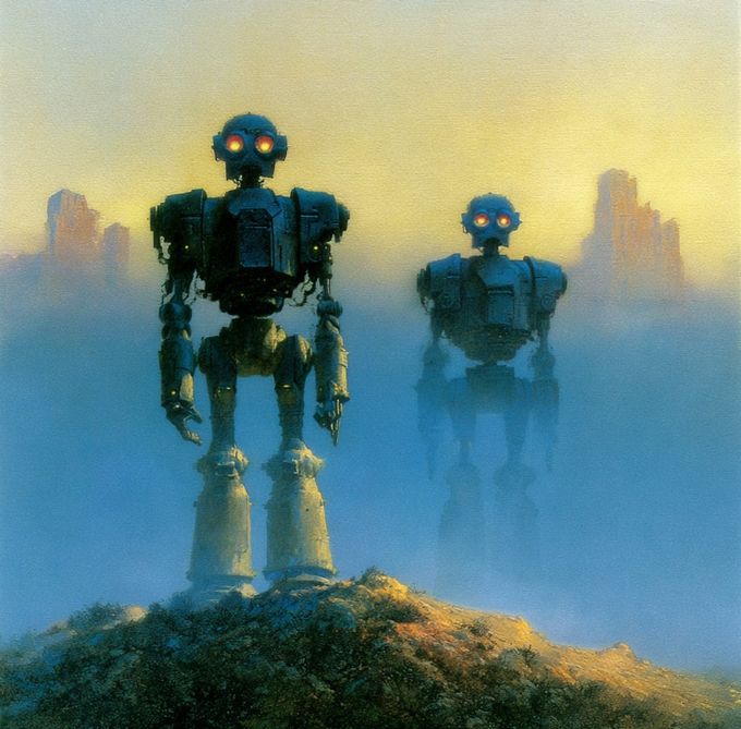 Dies ist eine digitale Illustration mit einer Ästhetik der Ölgemälde, die Retro-Futurismus und atmosphärischen Sci-Fi-Surrealismus verbindet