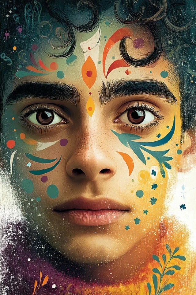 Pintura digital vibrante de arte folclórico com motivos botânicos e cores quentes, ideal para cartazes de festivais e capas de livros