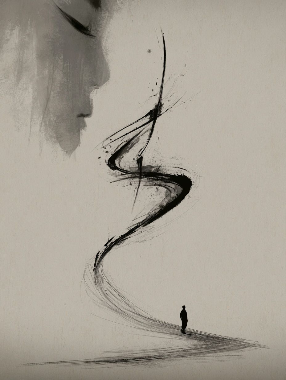 A large ethereal face looks at a person walking in the top left corner