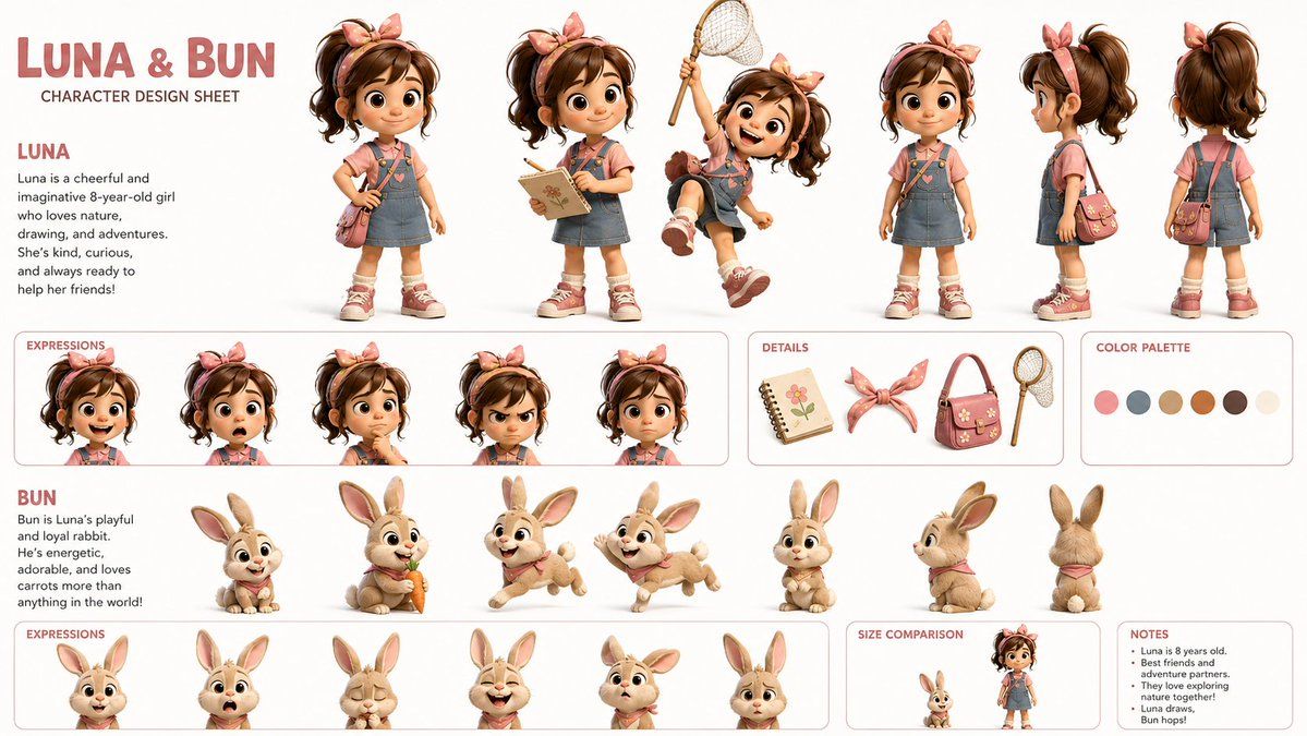 Folha de design de personagem animado em 3D da alegre garota Luna e seu coelhinho Bun