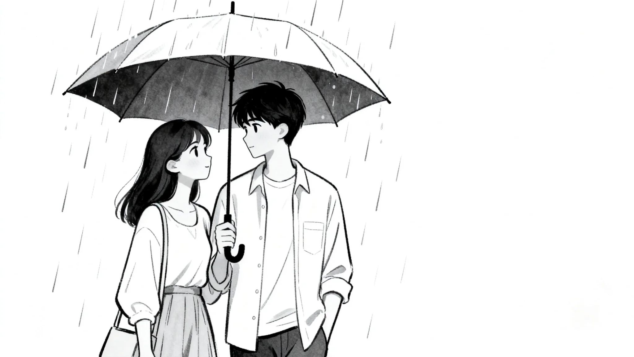 Un jeune couple partage un parapluie par un jour de pluie, se regardant avec chaleur