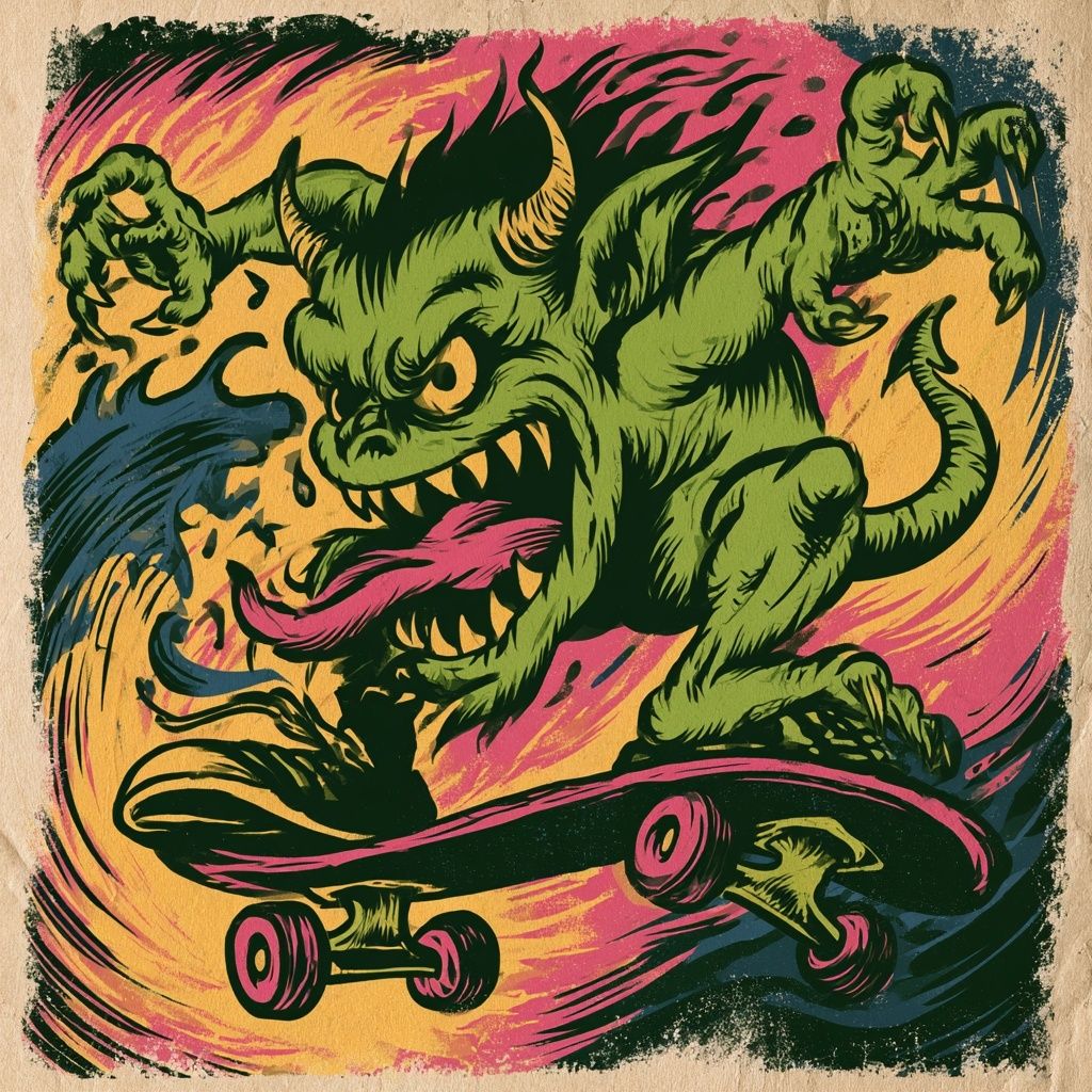 Una caricatura de un demonio verde en patineta al estilo de Jim Phillips