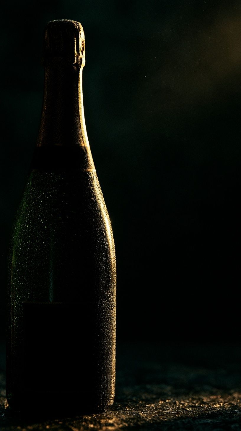 Bouteille de vin pétillant vert foncé avec étiquette noire et capsule dorée