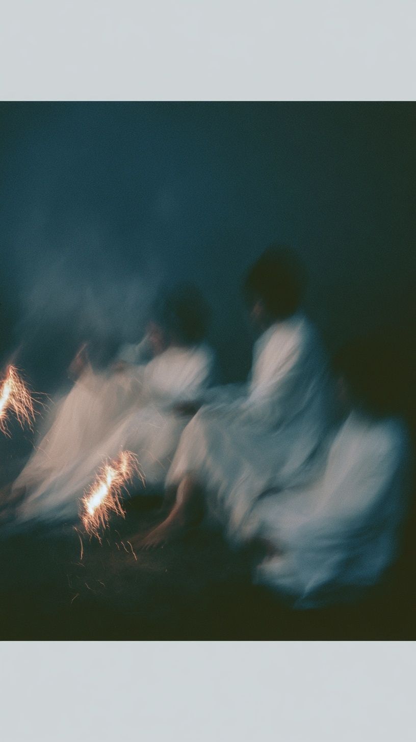 Kids wearing white are sitting around waving sparklers