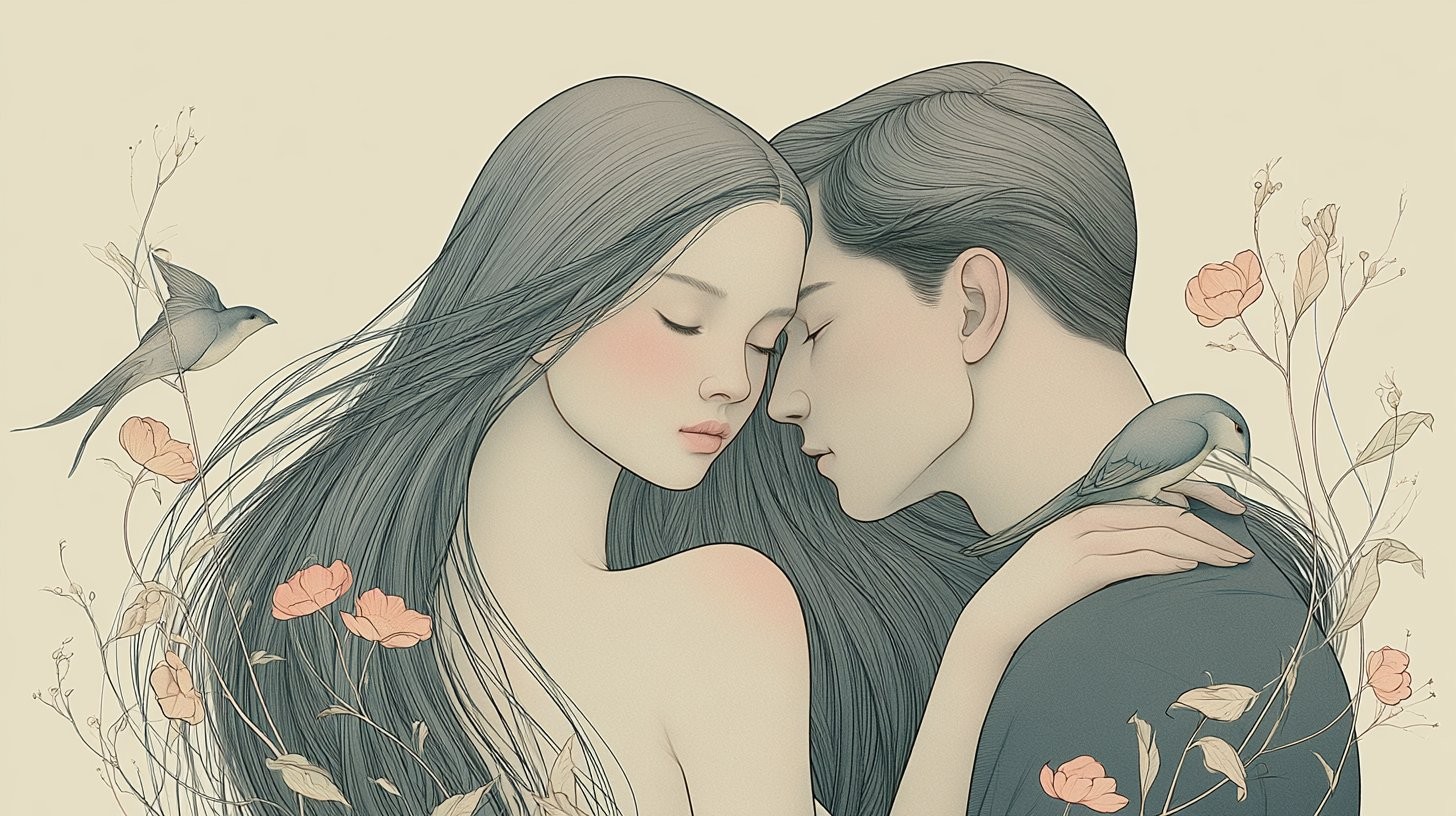 这是一幅具有东亚美学影响的当代数字插画，展现了温暖的色调和传统中国工笔画的细腻线条