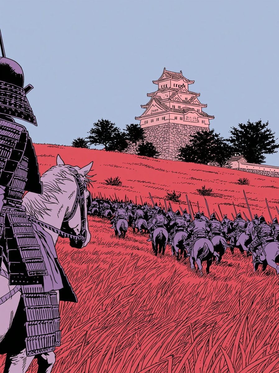 戦国時代の騎馬軍団が山の上の城に向かって進んでいる