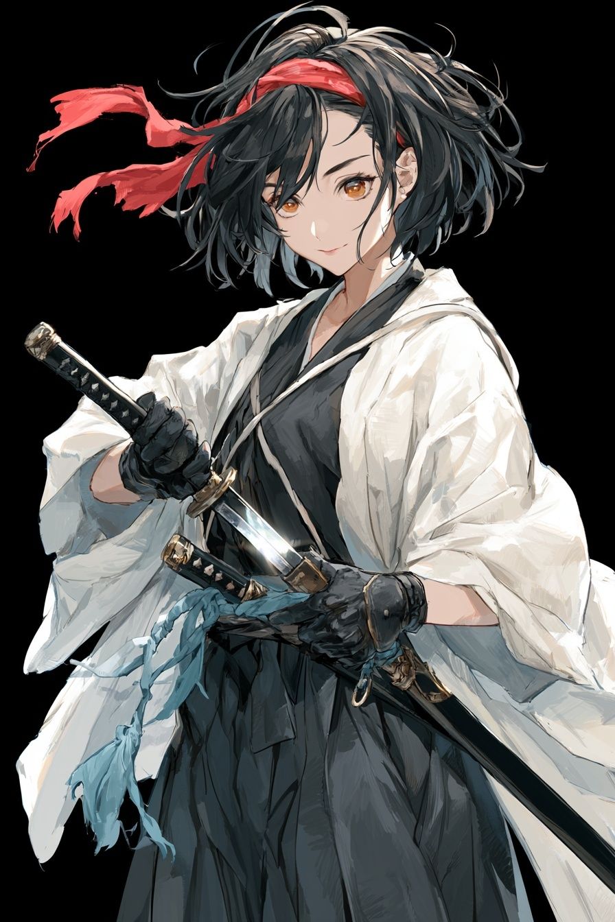 Anime style female martial arts swordsman with short black hair and a red headband wearing a black kimono under a white haori holding a shining sword in a dynamic fighting stance