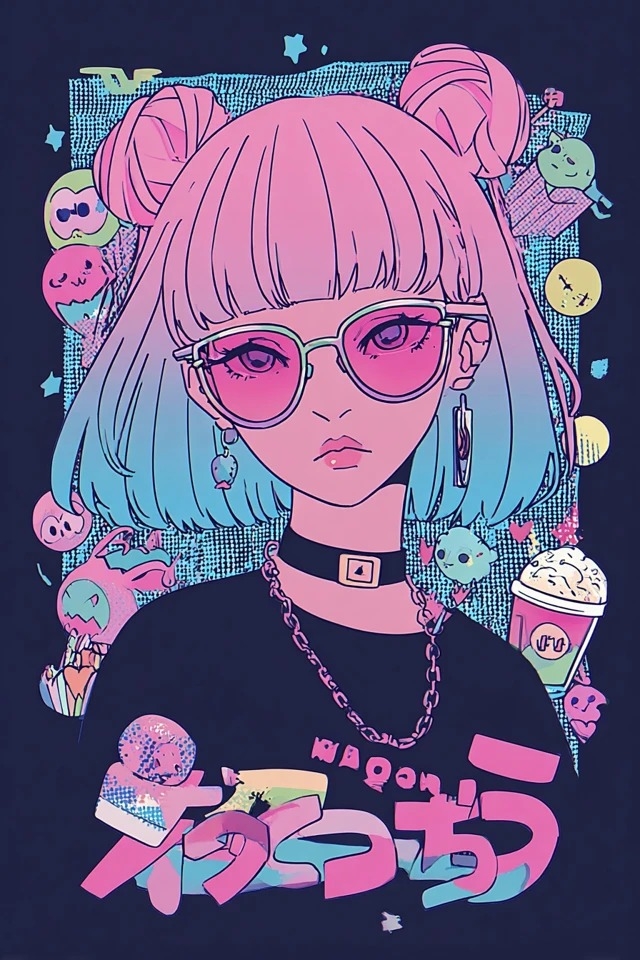 Retro anime illustration features bold flat colors and neon gradients