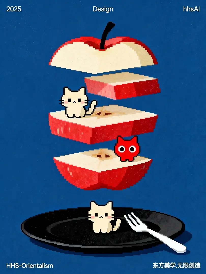 Die Retro-Illustration zeigt geschichtete Früchte und Cartoon-Katzen