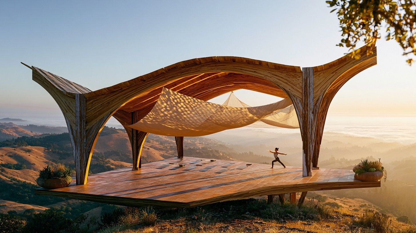 An open-air yoga shala in West Sonoma County overlooks rolling hills, featuring a structure made of curved timber beams and reclaimed redwood, inviting sacred morning light