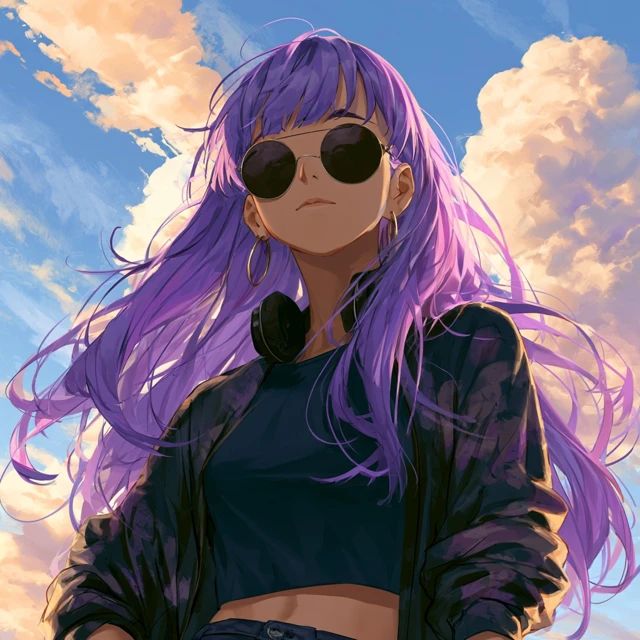 一個酷炫的紫髮女孩戴著黑色太陽眼鏡