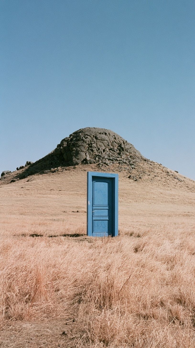 A blue door in the middle of a grass mountain