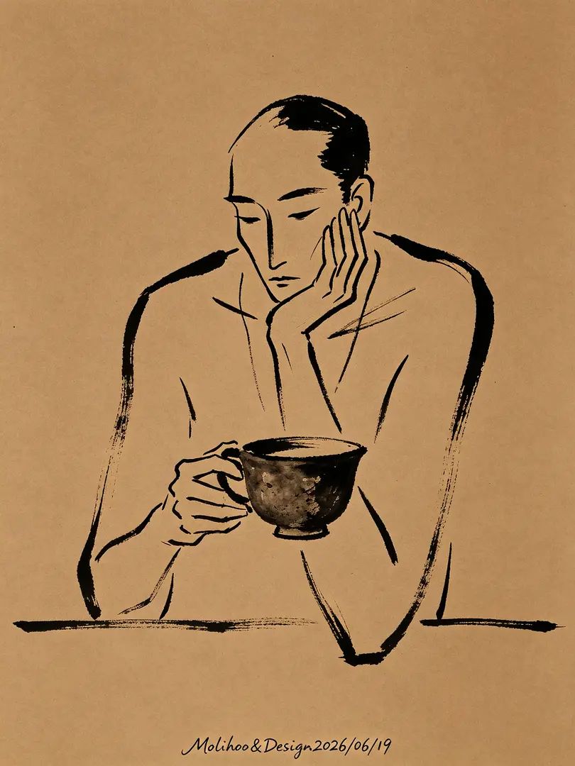 ```json
{
  "zh": "创意构图，极简，侘寂，茶和思考者，抽象艺术，潦草，粗砺写意，意境，荒诞，线条，色块，比例失调，故事感，情绪叙事，异想天开，视觉冲击力强，先锋前卫艺术，怪诞，不完美，缺憾美，充满想象的构图，内容简洁，极致的光和影，精致细腻，天地人景物，极简美学意境，大幅艺术性留白，低饱和度色调，褐色黑色，莫兰迪色彩 底部有一行极精小的草体字：Molihoo&Design2026/06/19",
  "jp": "クリエイティブな構図、ミニマル、わびさび、茶と思索者、抽象芸術、ラフ、粗削りな写意、意境、不条理、線、色塊、不均衡、ストーリー性、感情の叙事、奇想天外、強い視覚的インパクト、アバンギャルドアート、グロテスク、不完全、欠陥美、想像力に満ちた構図、シンプルな内容、究極の光と影、繊細、天地人景物、ミニマルな美学意境、大幅な芸術的余白、低彩度のトーン、ブラウンとブラック、モランディカラー 下部に極めて小さな草書体の文字：Molihoo&Design2026/06/19",
  "kr": "창의적인 구도, 미니멀, 와비사비, 차와 사색가, 추상 예술, 낙서, 거칠게 쓴 사의, 의경, 부조리, 선, 색면, 비례 불균형, 스토리 감성, 감정 서사, 기발한 상상, 강한 시각적 충격, 아방가르드 예술, 그로테스크, 불완전, 결점 미, 상상력이 가득한 구도, 간결한 내용, 극한의 빛과 그림자, 정교하고 섬세, 천지인 경물, 미니멀 미학 의경, 대폭적인 예술적 여백, 저채도 톤, 갈색과 검정, 모란디 컬러 하단에 매우 작은 초서체 글자: Molihoo&Design2026/06/19",
  "en": "Creative composition, minimalism, wabi-sabi, tea and thinker, abstract art, scribble, rough freehand brushwork, artistic conception, absurdity, lines, color blocks, disproportionate, storytelling, emotional narrative, whimsical, strong visual impact, avant-garde art, grotesque, imperfection, beauty of flaws, imaginative composition, concise content, extreme light and shadow, exquisite and delicate, heaven-earth-human-scenery, minimalist aesthetic conception, large artistic blank space, low saturation tones, brown and black, Morandi colors. At the bottom, there is a line of extremely small cursive script: Molihoo&Design2026/06/19",
  "es": "Composición creativa, minimalismo, wabi-sabi, té y pensador, arte abstracto, garabato, pincelada libre y tosca, concepción artística, absurdo, líneas, bloques de color, desproporción, narrativa, narración emocional, caprichoso, fuerte impacto visual, arte vanguardista, grotesco, imperfección, belleza de los defectos, composición imaginativa, contenido conciso, luz y sombra extremos, exquisito y delicado, cielo-tierra-persona-paisaje, concepción estética minimalista, gran espacio en blanco artístico, tonos de baja saturación, marrón y negro, colores Morandi. En la parte inferior, hay una línea de letra cursiva extremadamente pequeña: Molihoo&Design2026/06/19",
  "ru": "Креативная композиция, минимализм, ваби-саби, чай и мыслитель, абстрактное искусство, набросок, грубая свободная кисть, художественная концепция, абсурд, линии, цветовые блоки, диспропорция, повествование, эмоциональный нарратив, причудливый, сильное визуальное воздействие, авангардное искусство, гротеск, несовершенство, красота изъянов, воображаемая композиция, лаконичное содержание, экстремальный свет и тень, изысканный и деликатный, небо-земля-человек-пейзаж, минималистская эстетическая концепция, большое художественное пустое пространство, тона низкой насыщенности, коричневый и черный, цвета Моранди. Внизу очень мелкая строка скорописного шрифта: Molihoo&Design2026/06/19",
  "ar": "تكوين إبداعي، الحد الأدنى، وابي-سابي، الشاي والمفكر، الفن التجريدي، الخربشة، الفرشاة الحرة الخشنة، المفهوم الفني، العبث، الخطوط، كتل اللون، غير متناسب، سرد القصص، السرد العاطفي، غريب الأطوار، تأثير بصري قوي، الفن الطليعي، غريب، عدم الكمال، جمال العيوب، تكوين خيالي، محتوى موجز، الضوء والظل المتطرف، رفيع وحساس، السماء-الأرض-الإنسان-المشهد، المفهوم الجمالي الأدنى، مساحة فارغة فنية كبيرة، نغمات تشبع منخفضة، البني والأسود، ألوان موراندي. في الأسفل سطر صغير جدًا من الخط المتصل: Molihoo&Design2026/06/19",
  "pt": "Composição criativa, minimalismo, wabi-sabi, chá e pensador, arte abstrata, rabisco, pincelada livre e áspera, concepção artística, absurdo, linhas, blocos de cor, desproporção, narrativa, narrativa emocional, caprichoso, forte impacto visual, arte de vanguarda, grotesco, imperfeição, beleza das falhas, composição imaginativa, conteúdo conciso, luz e sombra extremos, requintado e delicado, céu-terra-homem-paisagem, concepção estética minimalista, grande espaço em branco artístico, tons de baixa saturação, marrom e preto, cores Morandi. Na parte inferior, há uma linha de letra cursiva extremamente pequena: Molihoo&Design2026/06/19",
  "fr": "Composition créative, minimalisme, wabi-sabi, thé et penseur, art abstrait, gribouillage, coup de pinceau libre et grossier, conception artistique, absurdité, lignes, blocs de couleur, disproportion, narration, récit émotionnel, fantaisiste, fort impact visuel, art avant-gardiste, grotesque, imperfection, beauté des défauts, composition imaginative, contenu concis, lumière et ombre extrêmes, exquis et délicat, ciel-terre-homme-paysage, conception esthétique minimaliste, grand espace blanc artistique, tons de faible saturation, marron et noir, couleurs Morandi. En bas, une ligne de script cursive extrêmement petite : Molihoo&Design2026/06/19",
  "de": "Kreative Komposition, Minimalismus, Wabi-Sabi, Tee und Denker, abstrakte Kunst, Gekritzel, grobe freie Pinselführung, künstlerische Konzeption, Absurdität, Linien, Farbblöcke, unproportioniert, Erzählung, emotionale Erzählung, skurril, starke visuelle Wirkung, avantgardistische Kunst, grotesk, Unvollkommenheit, Schönheit der Fehler, fantasievolle Komposition, prägnanter Inhalt, extremes Licht und Schatten, exquisit und delikat, Himmel-Erde-Mensch-Landschaft, minimalistisches ästhetisches Konzept, großer künstlerischer Freiraum, Farbtöne mit geringer Sättigung, Braun und Schwarz, Morandi-Farben. Unten eine extrem kleine Zeile in Kursivschrift: Molihoo&Design2026/06/19",
  "zh_hk": "創意構圖，極簡，侘寂，茶和思考者，抽象藝術，潦草，粗礪寫意，意境，荒誕，線條，色塊，比例失調，故事感，情緒敘事，異想天開，視覺衝擊力強，先鋒前衛藝術，怪誕，不完美，缺憾美，充滿想像的構圖，內容簡潔，極致的光和影，精緻細膩，天地人景物，極簡美學意境，大幅藝術性留白，低飽和度色調，褐色黑色，莫蘭迪色彩 底部有一行極精小的草體字：Molihoo&Design2026/06/19"
}
```