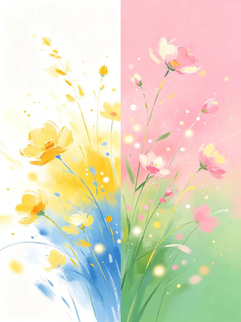 An illustration with a split design featuring yellow-blue gradient on the left and pink-green gradient on the right, showcasing soft flowers and a dreamy atmosphere