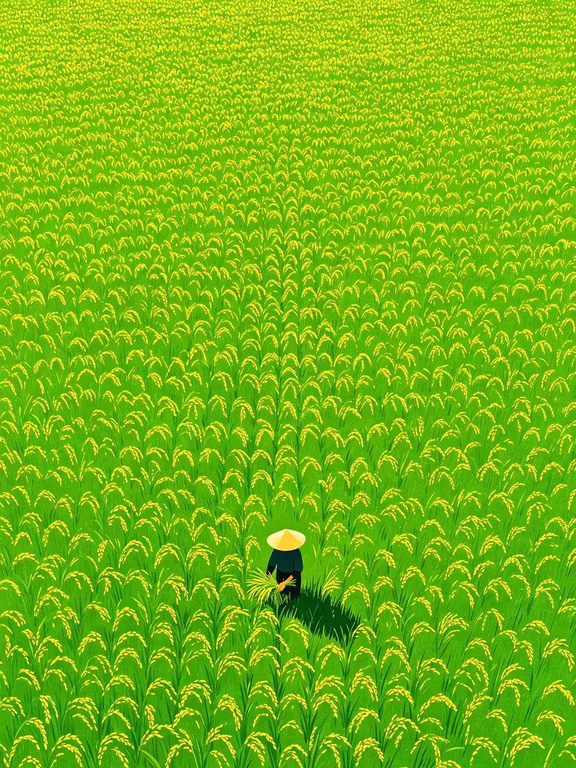 Une personne portant un chapeau en forme de cône plante du riz dans un champ vert