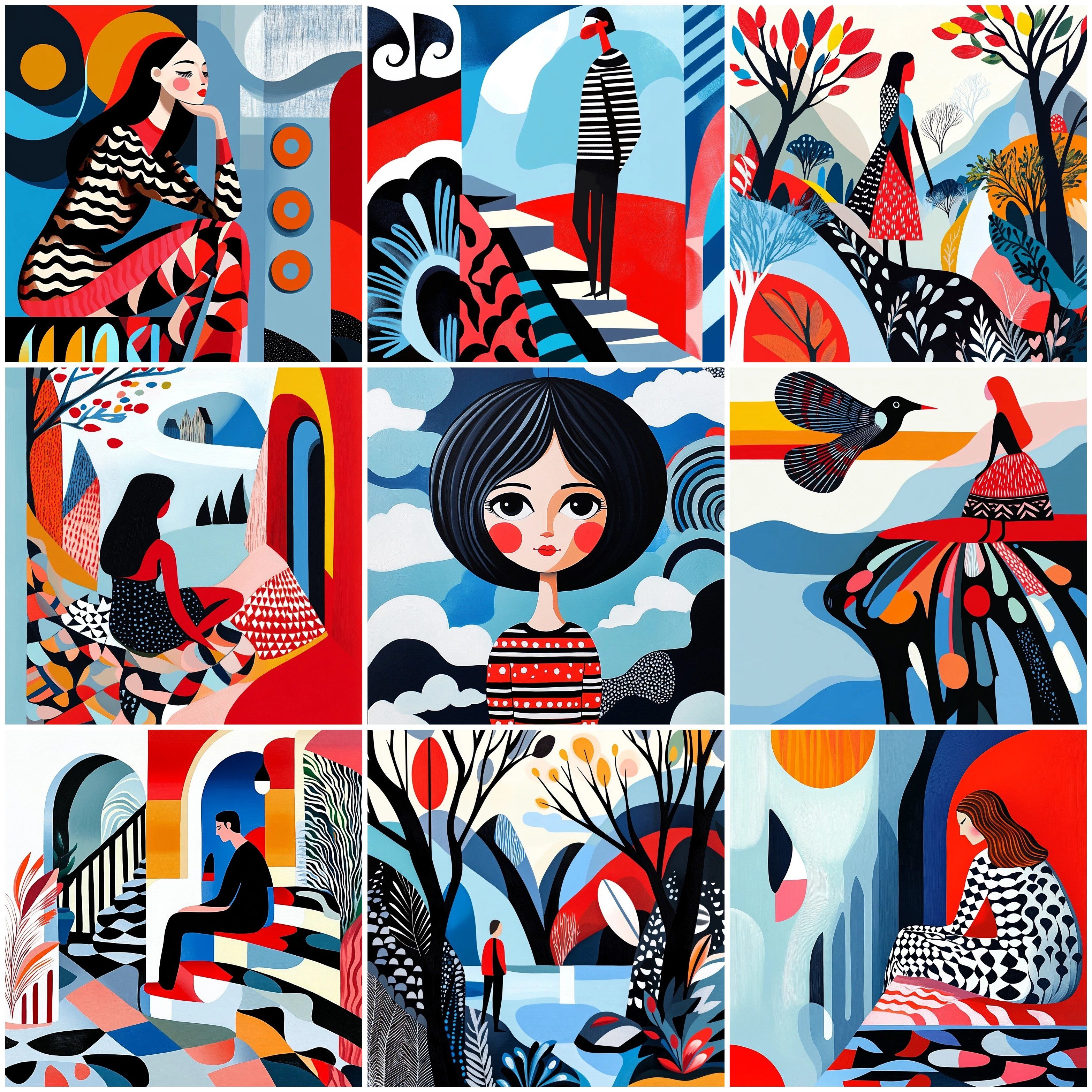 A nine-panel composition in bold contemporary folk art style showcases unique narratives and graphic design