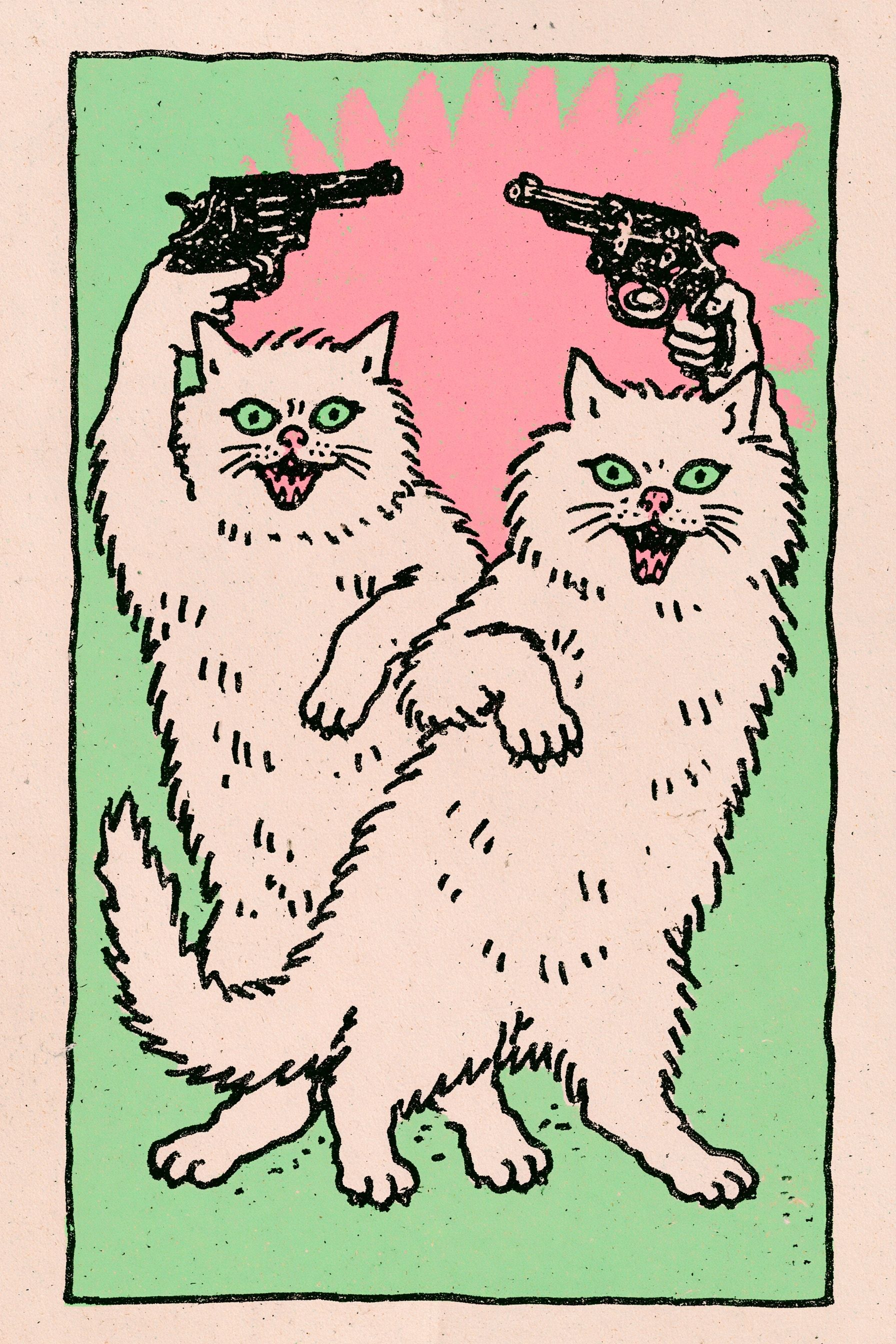Two cats holding handguns