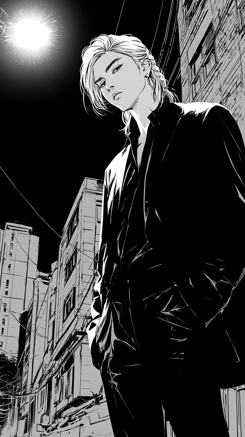 A male Kpop artist with braided blond hair wearing leather dress pants and a jacket stands under a streetlight in downtown Seoul