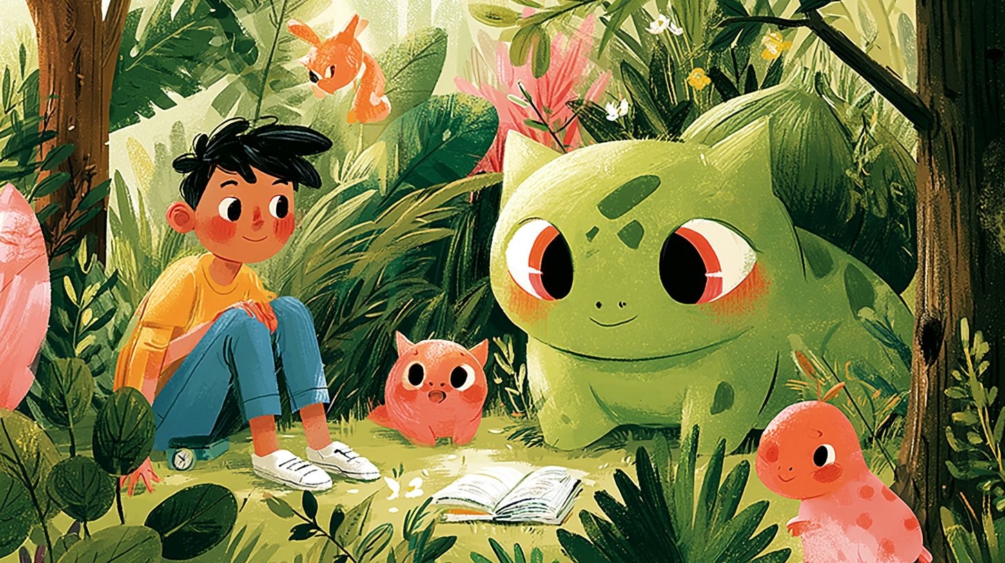 An illustration shows a boy with black hair sitting on mossy ground in a forest alongside a large green creature