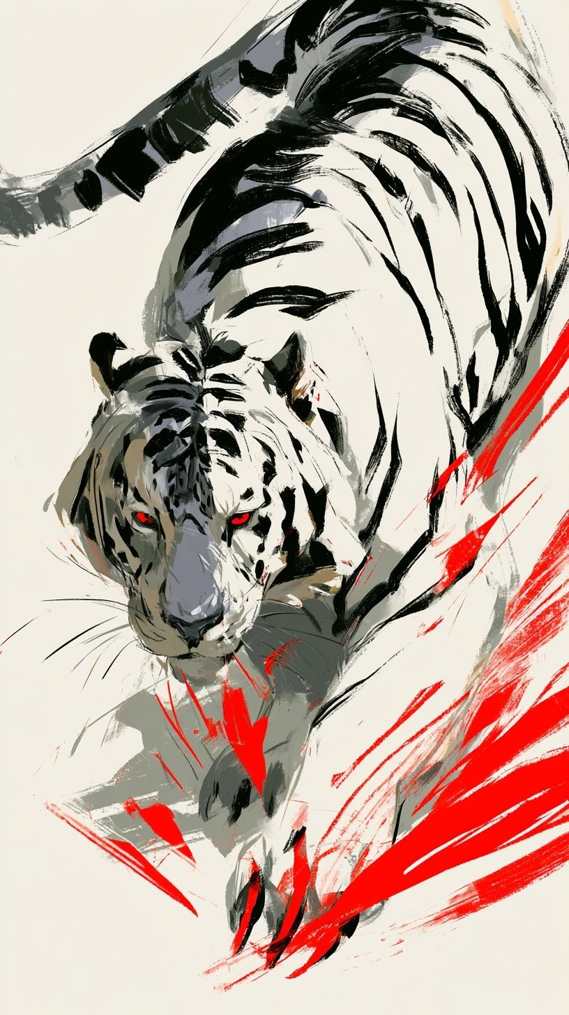 Eine Illustration eines kriechenden Tigers in voller Körpergröße mit abstrakten Elementen und schwarzen Pinselstrichen, beeinflusst von der japanischen Kunst